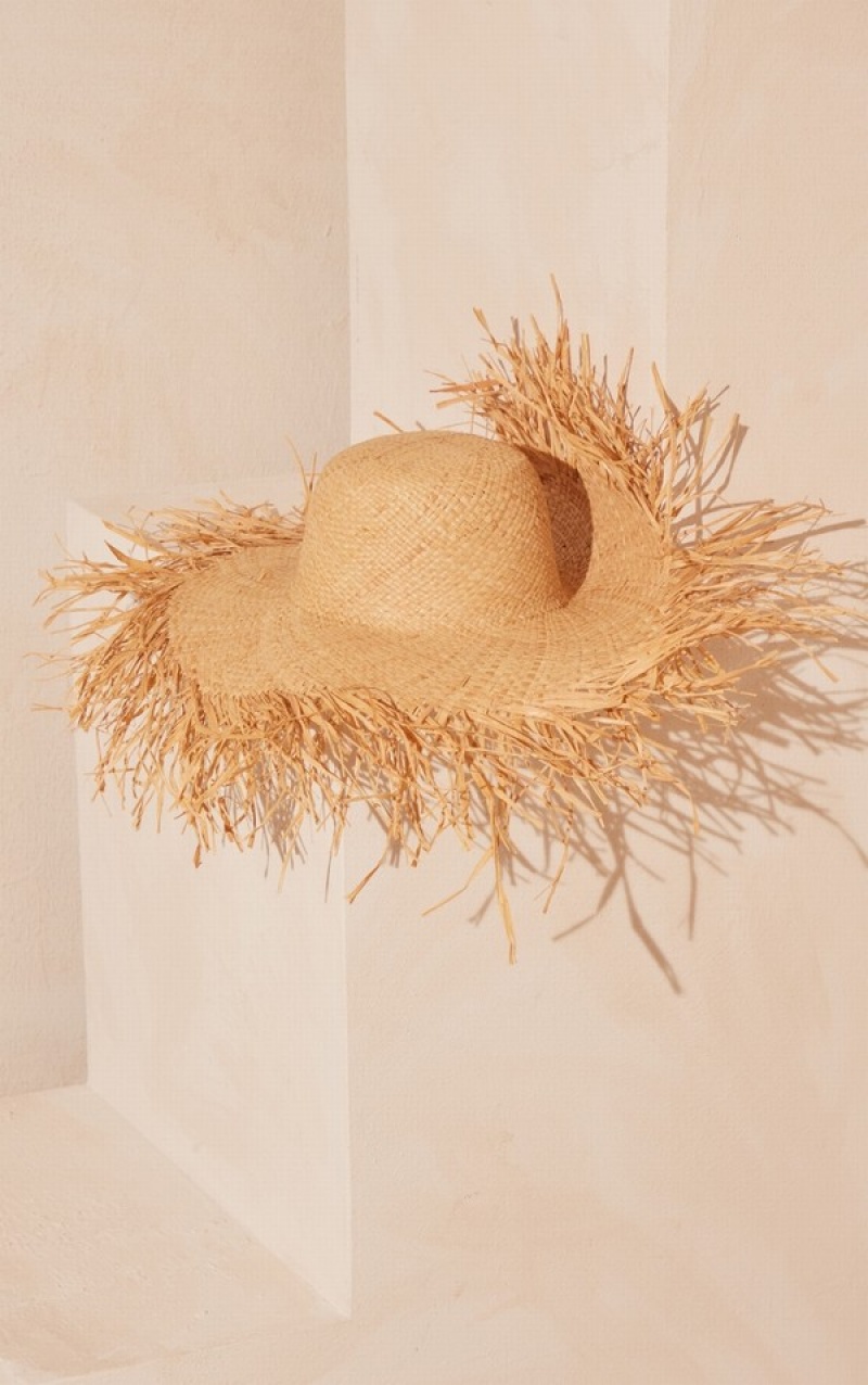 Palarie Pretty Little Thing Natural Frayed Edge Straw Bej | WTCV63704