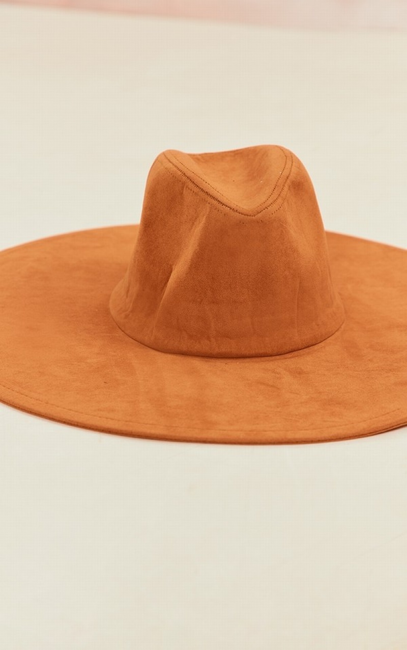 Palarie Pretty Little Thing Tan Faux Piele Intoarsa Extra Largi Brim Fedora Maro | FEGK79412