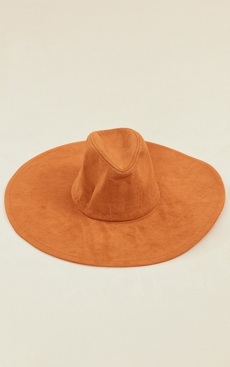 Palarie Pretty Little Thing Tan Faux Piele Intoarsa Extra Largi Brim Fedora Maro | FEGK79412