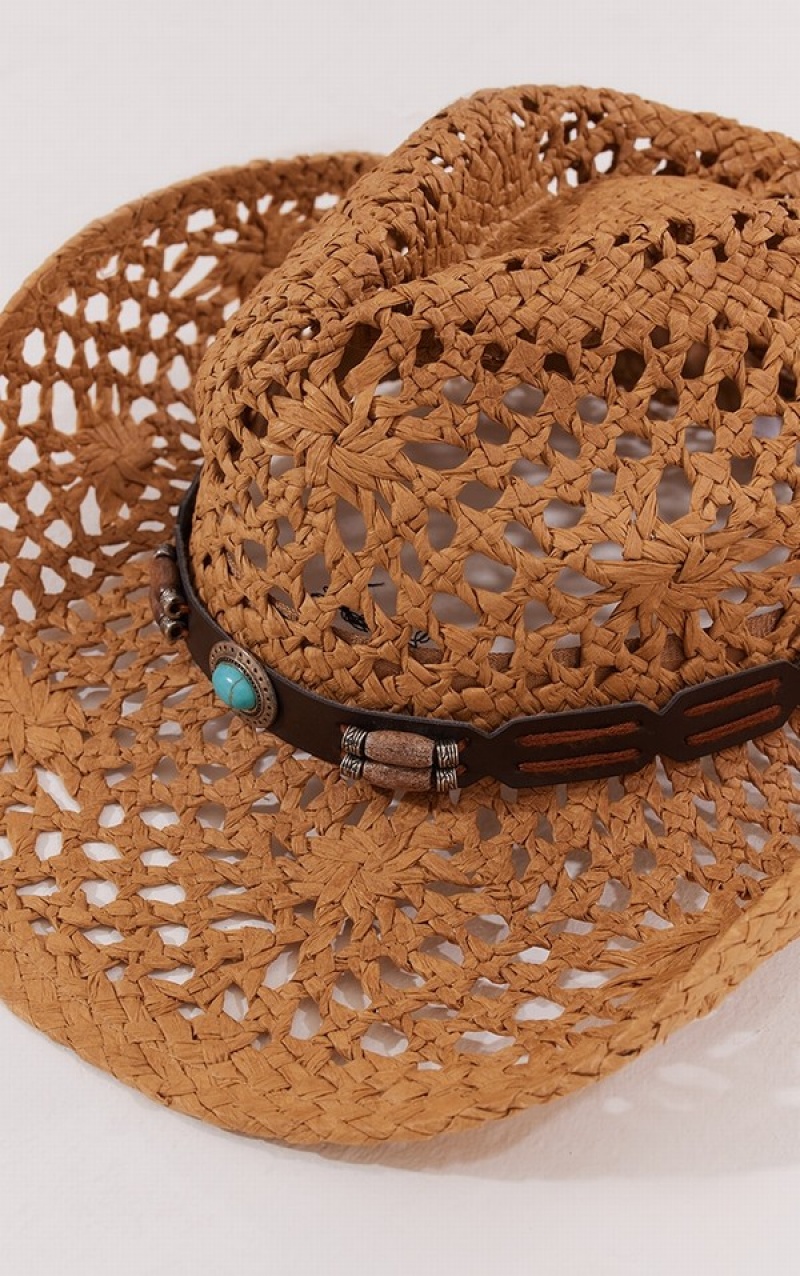 Palarie Pretty Little Thing Tan Straw Rope Cowboy Maro | VWAL43658