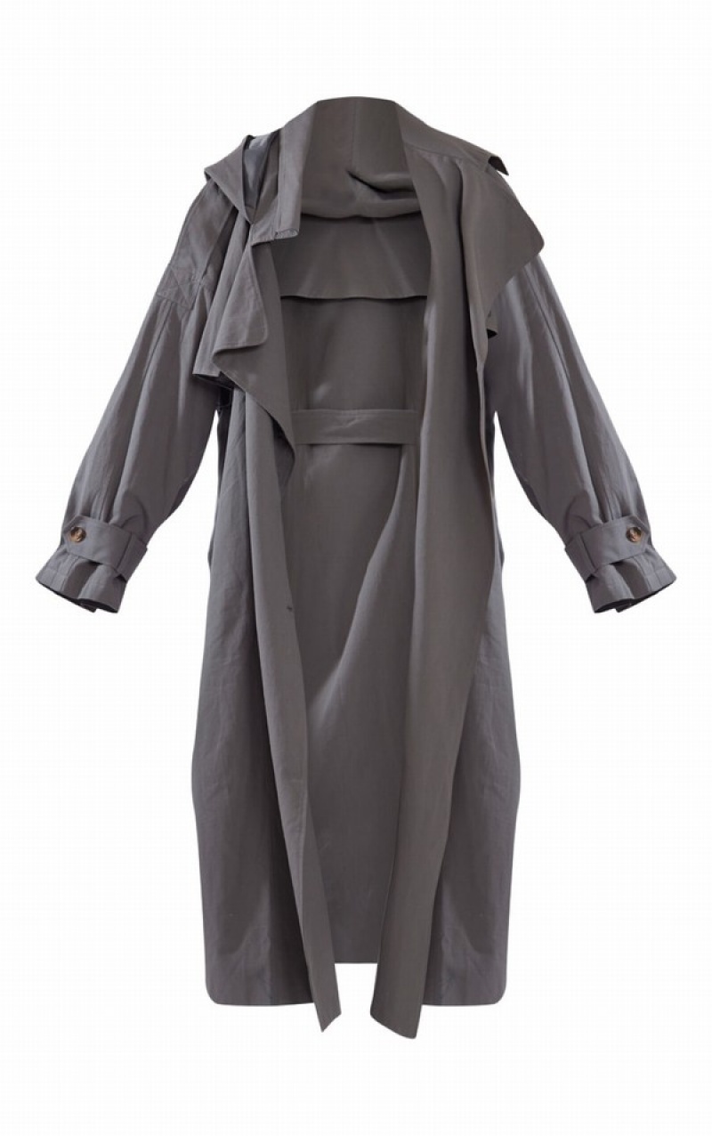 Paltoane Pretty Little Thing Charcoal Woven Cu Glugă Oversized Trench Gri | BOWG70485