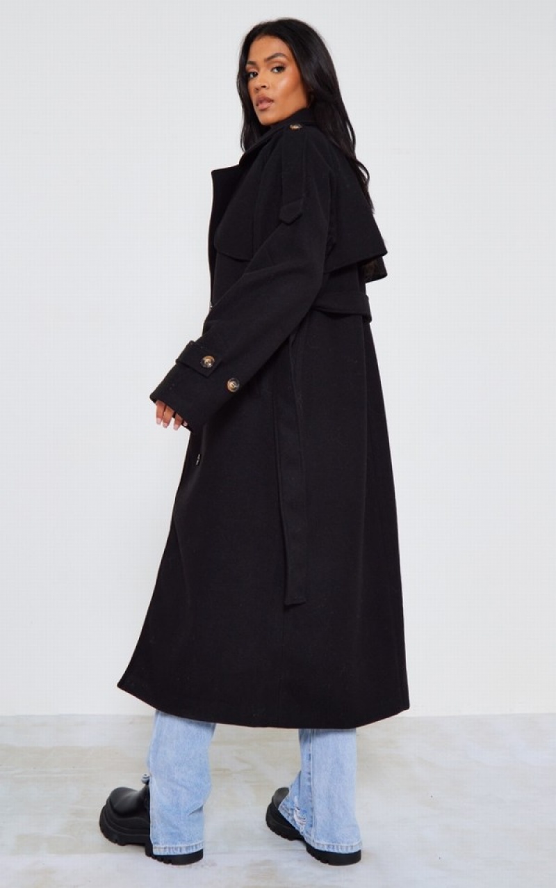 Paltoane Pretty Little Thing Cizme Inalte Oversized Double Breasted Military Trim Negrii | IZHR27104