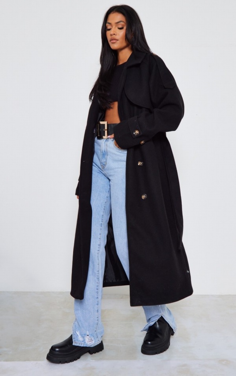 Paltoane Pretty Little Thing Cizme Inalte Oversized Double Breasted Military Trim Negrii | IZHR27104