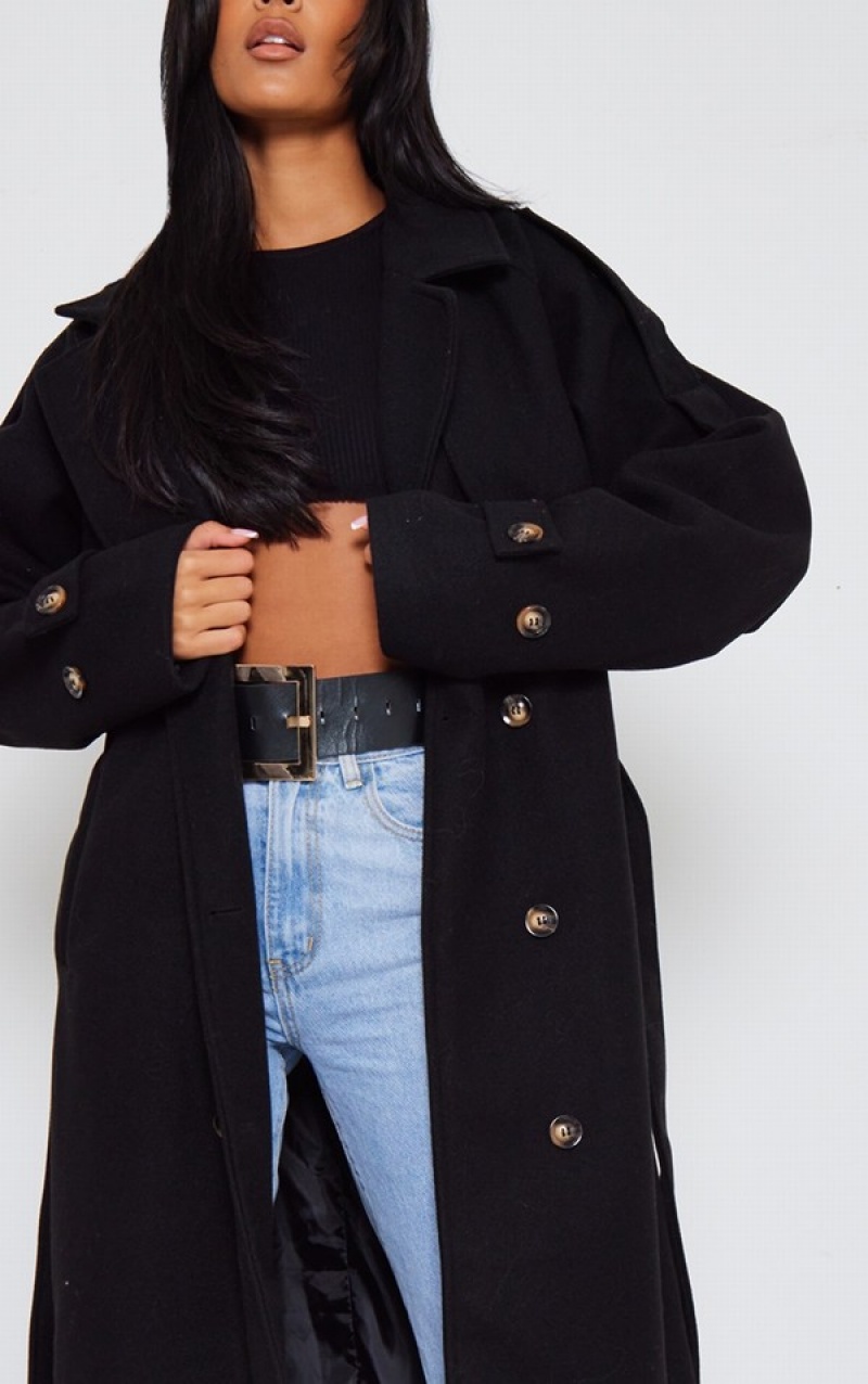 Paltoane Pretty Little Thing Cizme Inalte Oversized Double Breasted Military Trim Negrii | IZHR27104