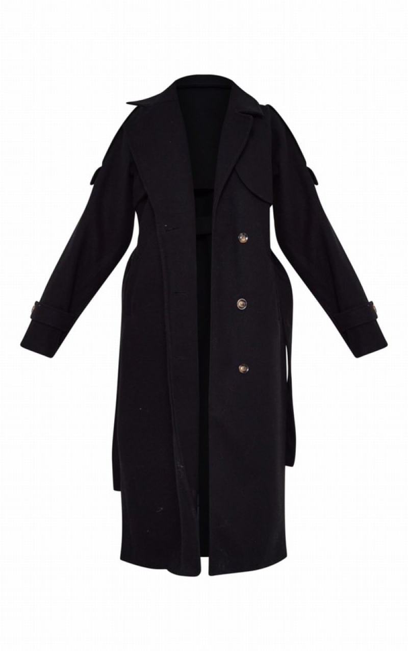 Paltoane Pretty Little Thing Cizme Inalte Oversized Double Breasted Military Trim Negrii | IZHR27104