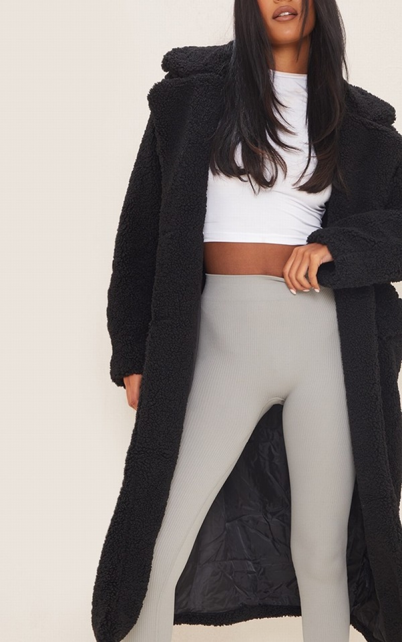 Paltoane Pretty Little Thing Cizme Inalte Longline Borg Negrii | VXFA28149