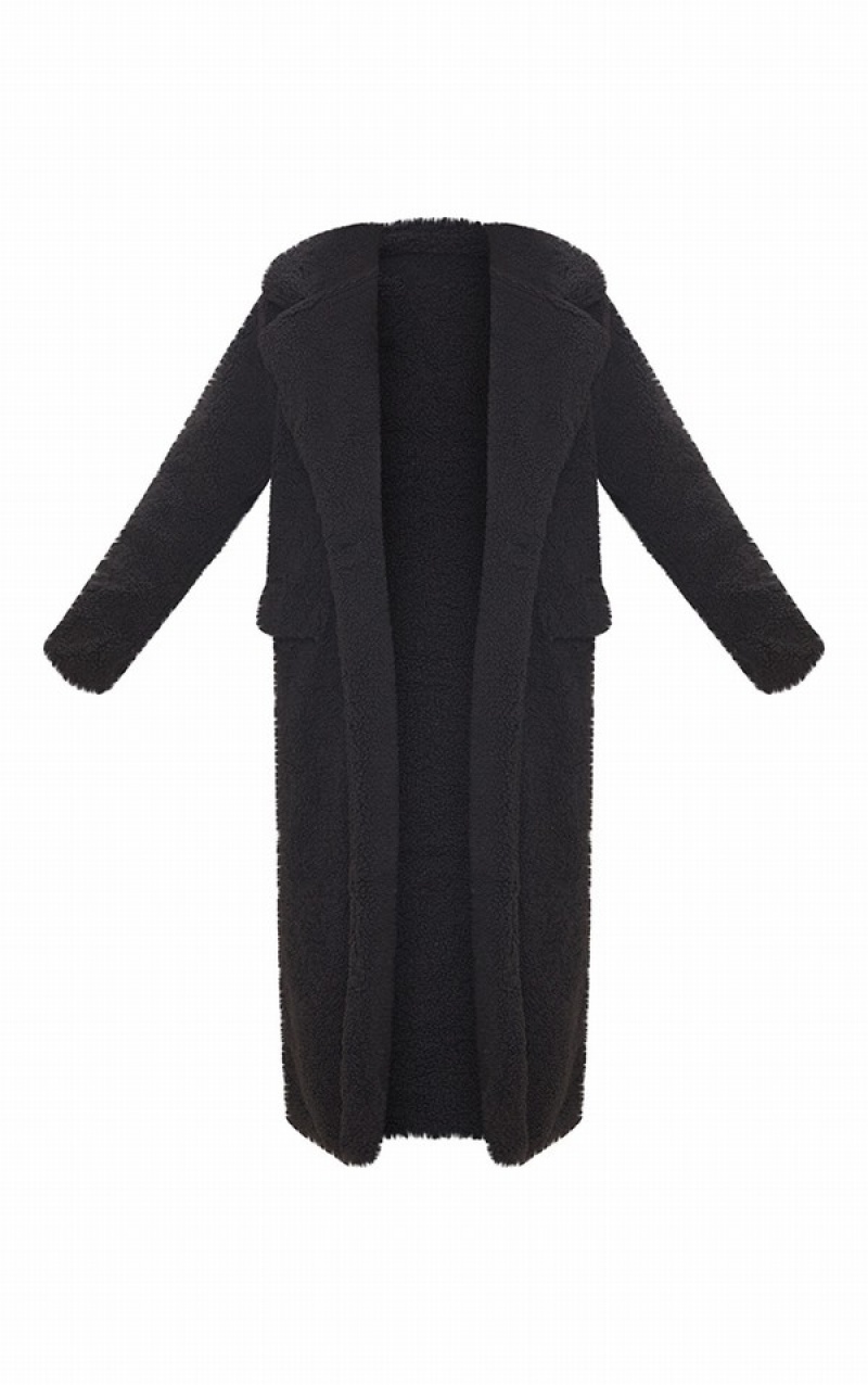 Paltoane Pretty Little Thing Cizme Inalte Longline Borg Negrii | VXFA28149