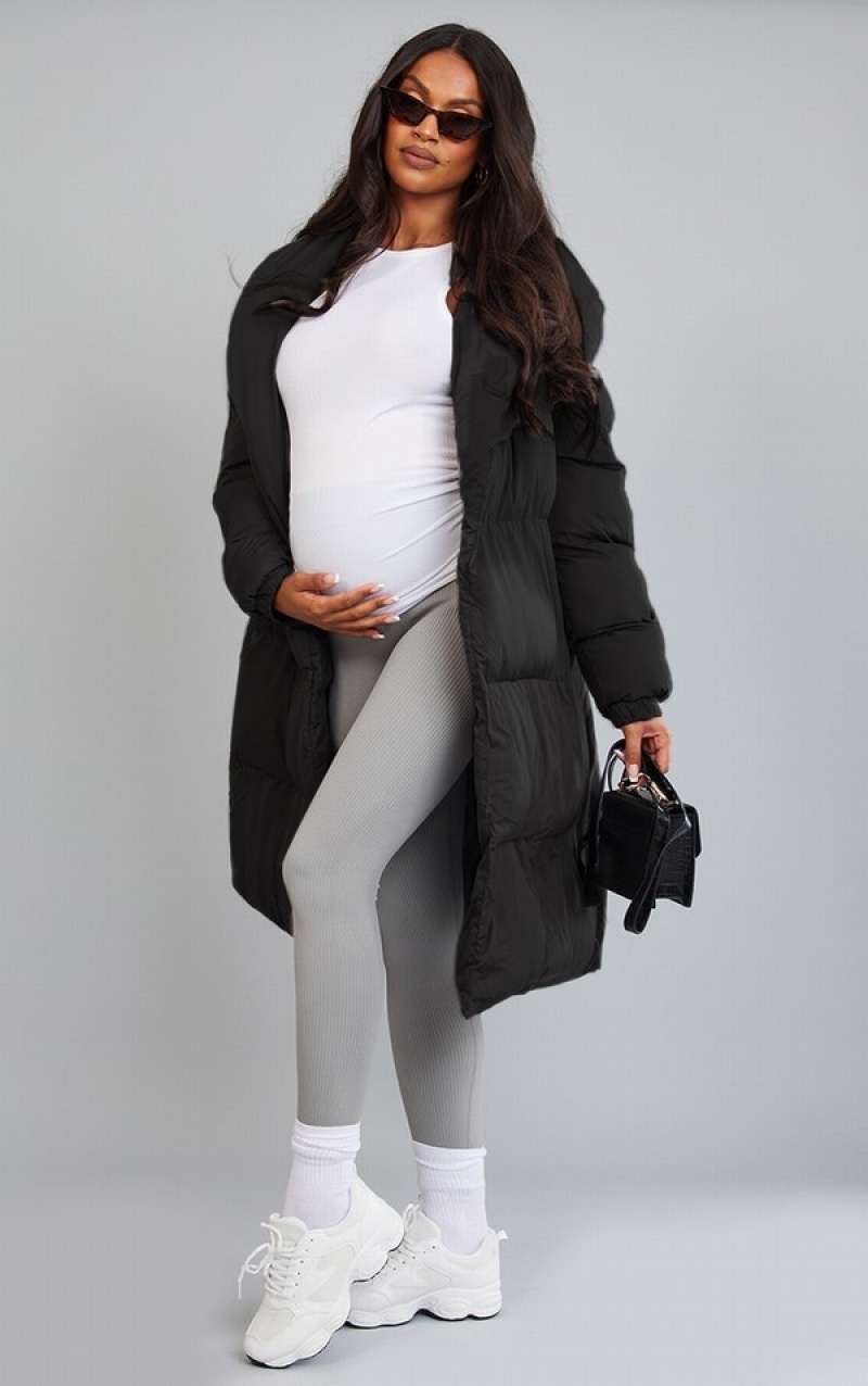 Paltoane Pretty Little Thing Maternity Oversized Collar ed Longline Puffer Negrii | NPRD59130