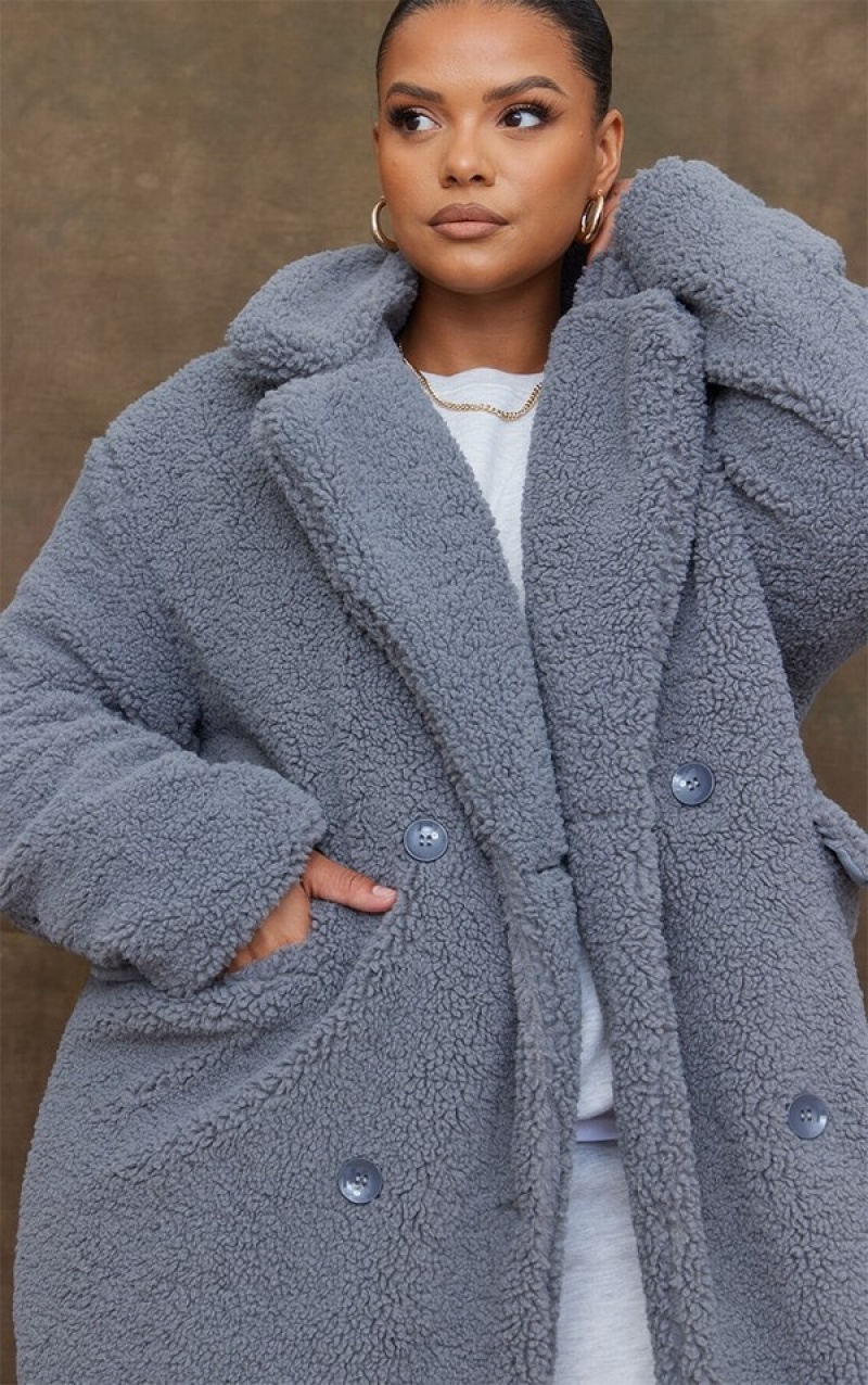 Paltoane Pretty Little Thing PLT Label Plus Charcoal Longline Borg Gri | NUWS10583