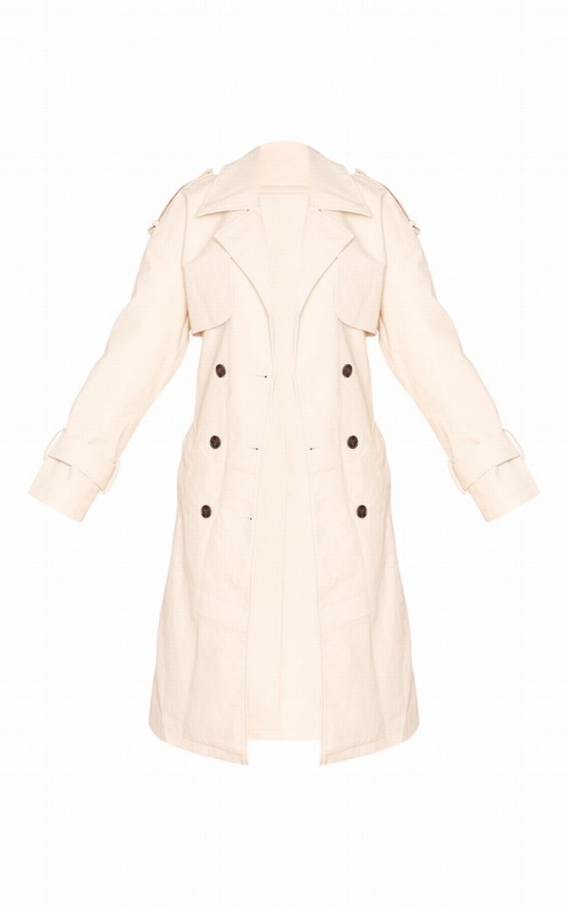 Paltoane Pretty Little Thing Petite Faux Piele Statement Cu Catarama Trench Albi | CGOZ79682