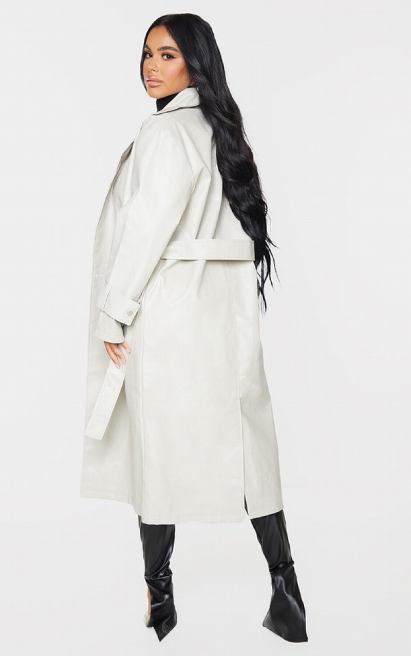 Paltoane Pretty Little Thing Petite Stone Faux Piele Sleeve Detail Trench Gri | EBIG87320