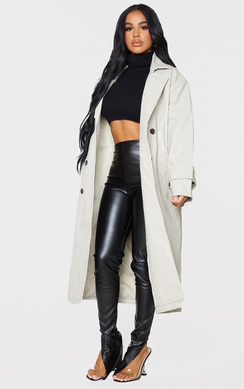Paltoane Pretty Little Thing Petite Stone Faux Piele Sleeve Detail Trench Gri | EBIG87320