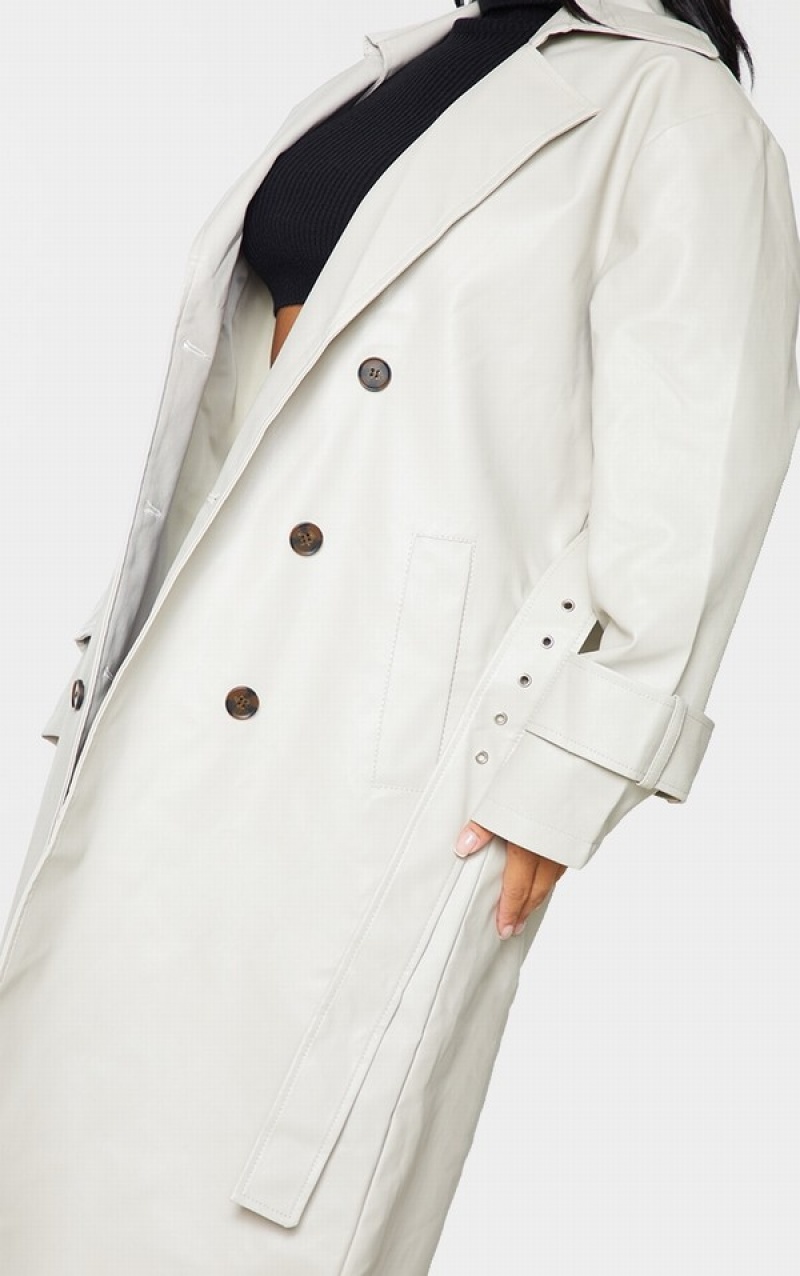 Paltoane Pretty Little Thing Petite Stone Faux Piele Sleeve Detail Trench Gri | EBIG87320