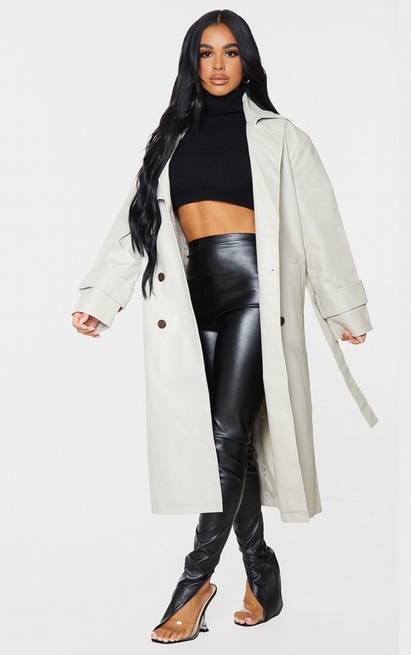 Paltoane Pretty Little Thing Petite Stone Faux Piele Sleeve Detail Trench Gri | EBIG87320