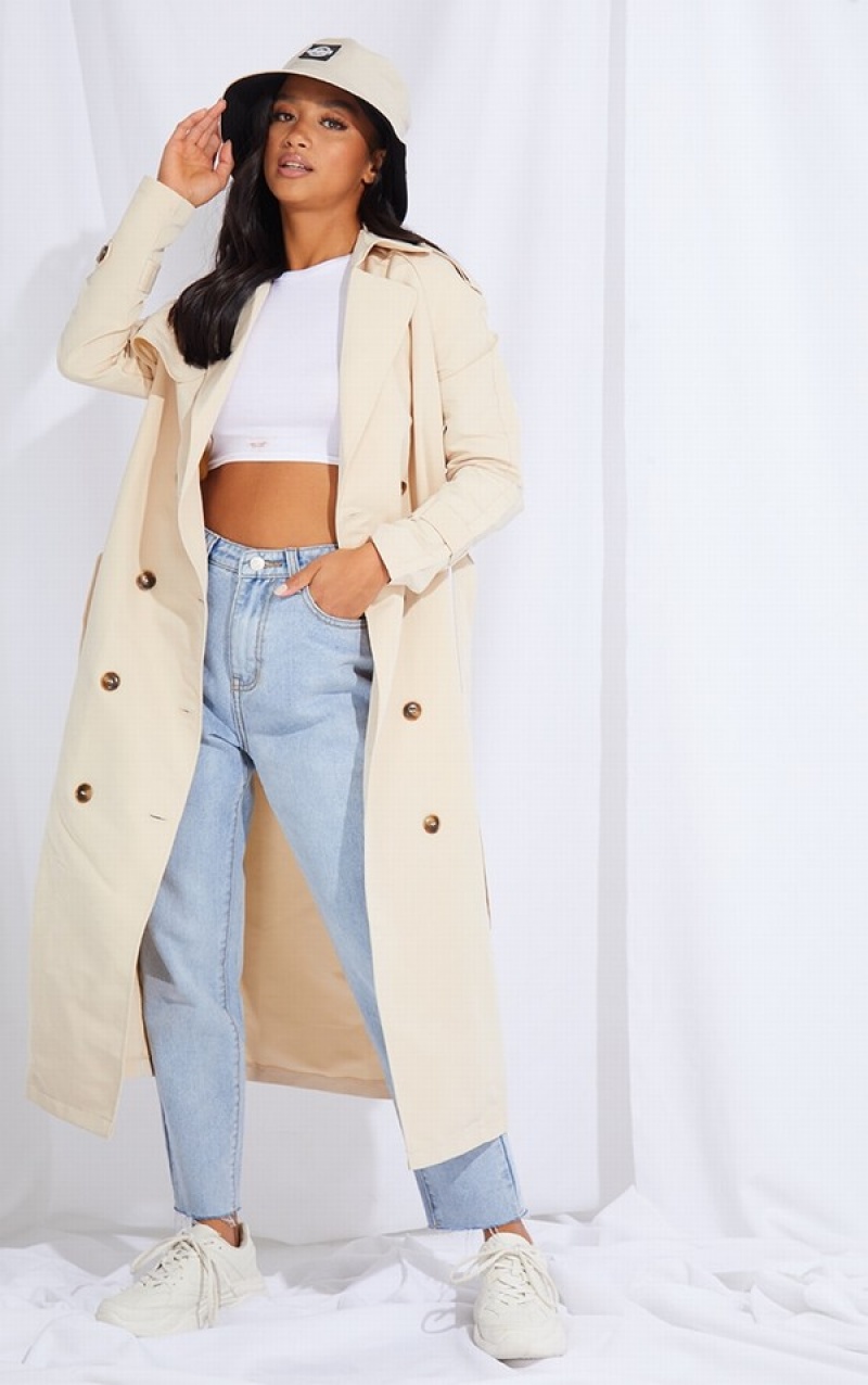 Paltoane Pretty Little Thing Petite Stone Oversized Trench Gri | AYOC18502