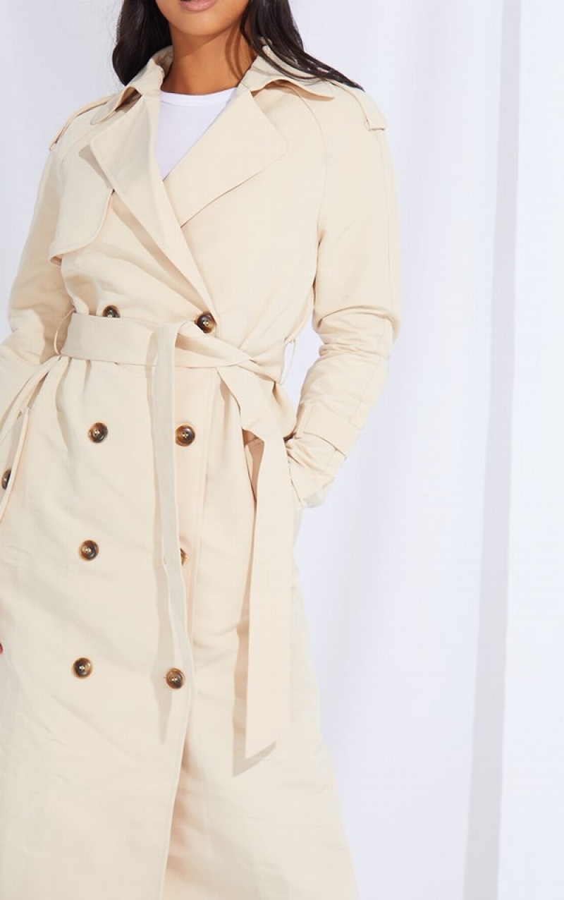 Paltoane Pretty Little Thing Petite Stone Oversized Trench Gri | AYOC18502