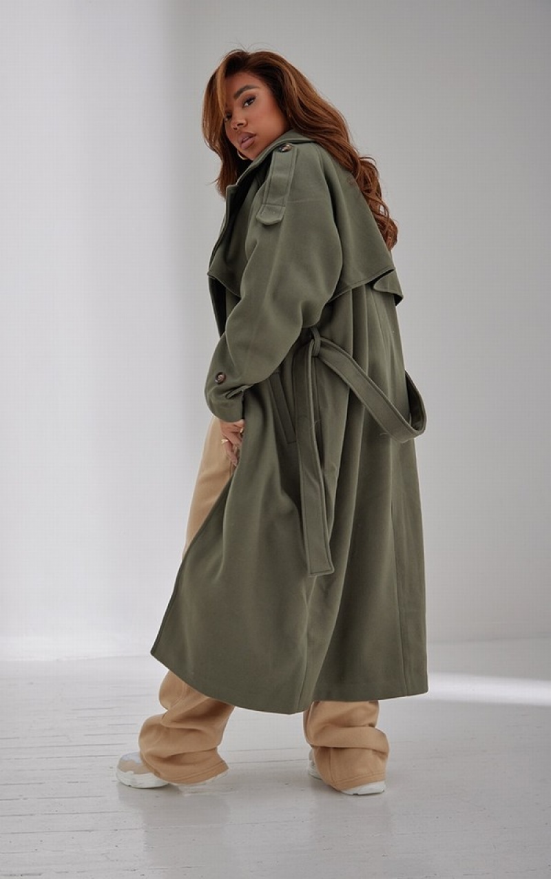 Paltoane Pretty Little Thing Plus Oversized Double Breasted Military Trim Kaki | USAE62380