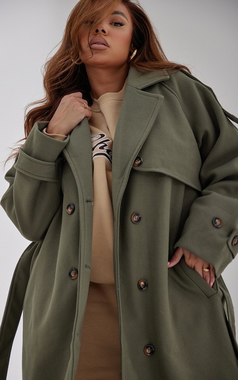Paltoane Pretty Little Thing Plus Oversized Double Breasted Military Trim Kaki | USAE62380