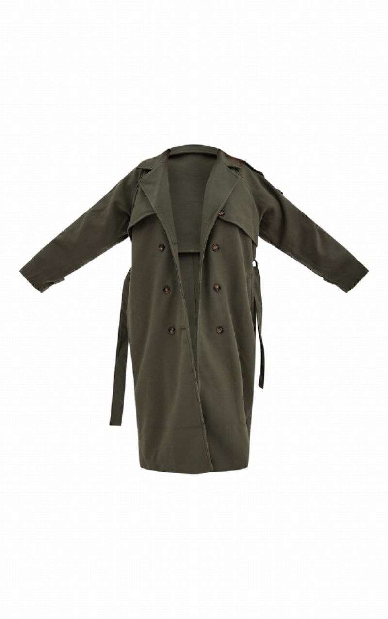 Paltoane Pretty Little Thing Plus Oversized Double Breasted Military Trim Kaki | USAE62380