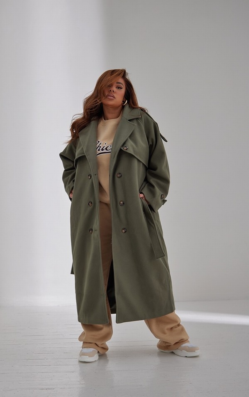 Paltoane Pretty Little Thing Plus Oversized Double Breasted Military Trim Kaki | USAE62380