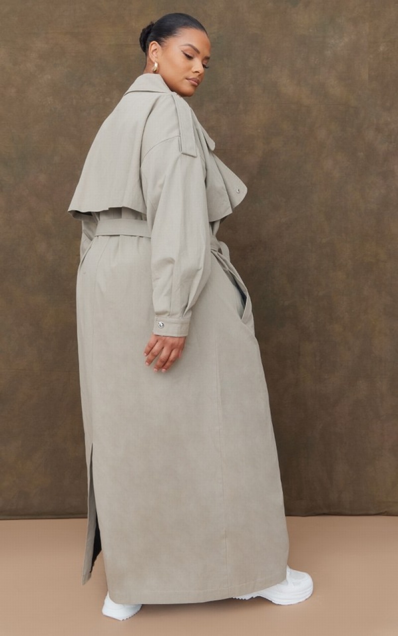 Paltoane Pretty Little Thing Plus Popper Detail Trench Kaki Deschis | HWTB20586