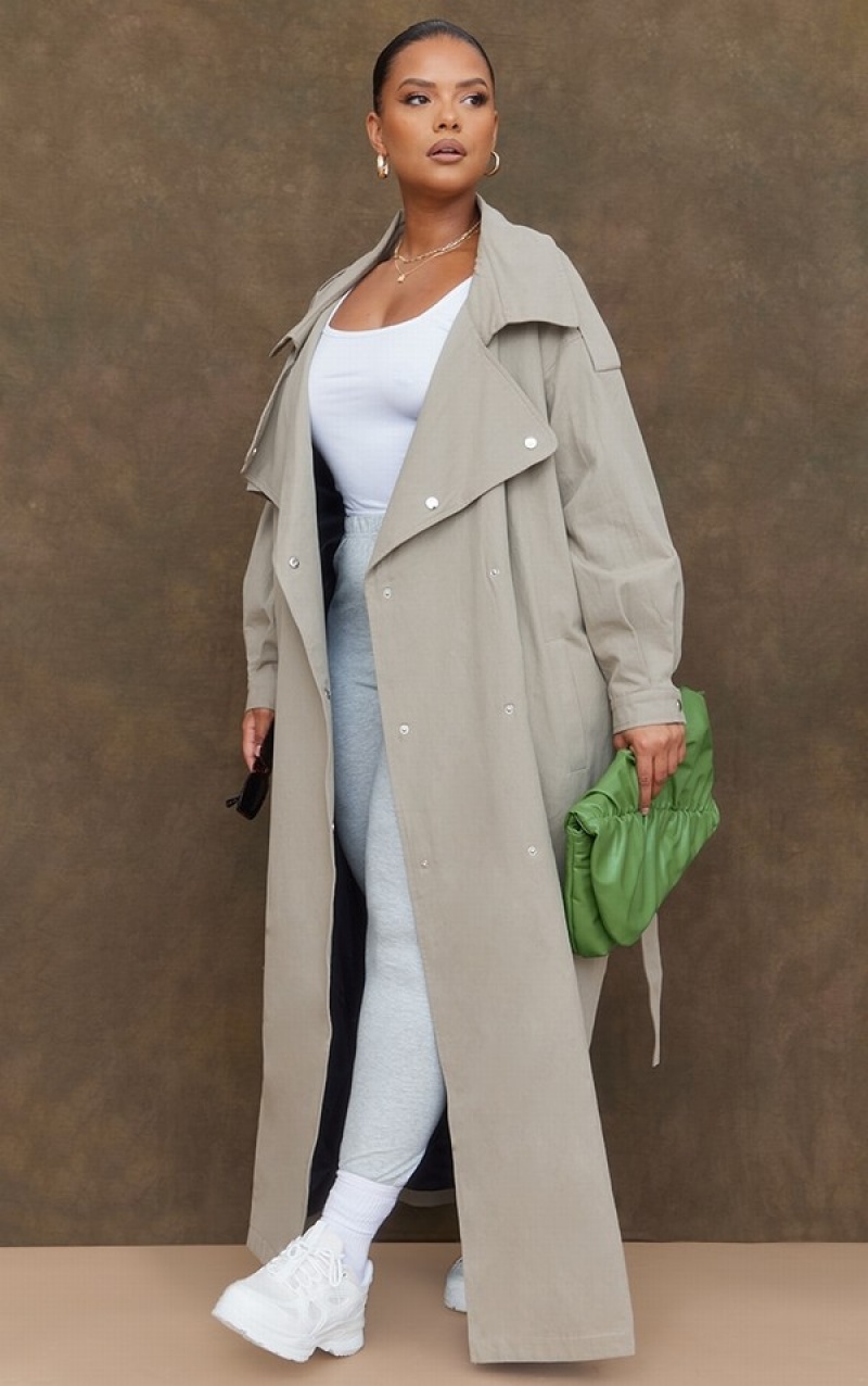 Paltoane Pretty Little Thing Plus Popper Detail Trench Kaki Deschis | HWTB20586