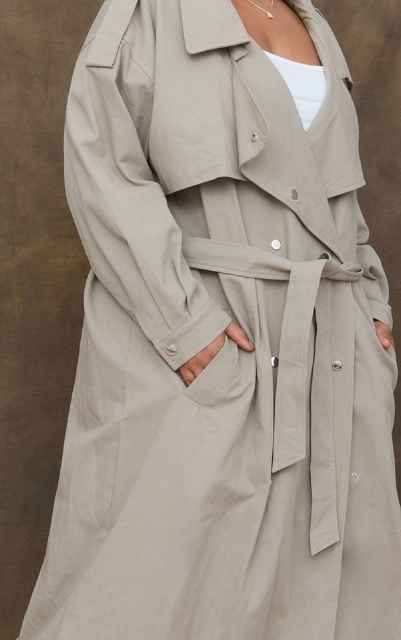 Paltoane Pretty Little Thing Plus Popper Detail Trench Kaki Deschis | HWTB20586