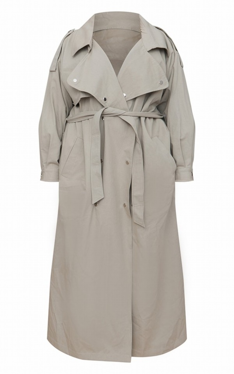 Paltoane Pretty Little Thing Plus Popper Detail Trench Kaki Deschis | HWTB20586