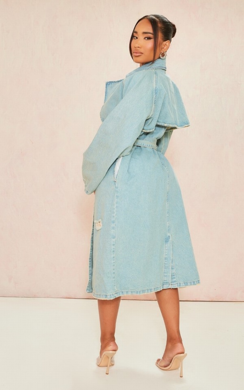 Paltoane Pretty Little Thing Shape Acid Wash Distressed ed Trench Albastri Deschis Albastru Deschis | JSEI90563