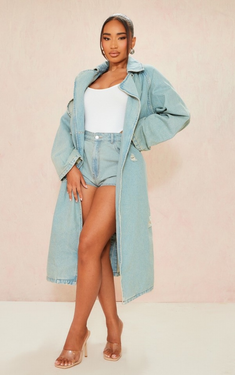 Paltoane Pretty Little Thing Shape Acid Wash Distressed ed Trench Albastri Deschis Albastru Deschis | JSEI90563