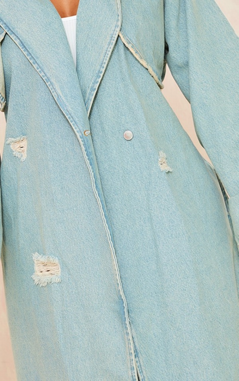 Paltoane Pretty Little Thing Shape Acid Wash Distressed ed Trench Albastri Deschis Albastru Deschis | JSEI90563