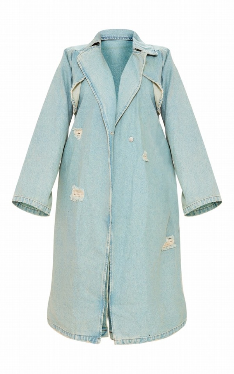 Paltoane Pretty Little Thing Shape Acid Wash Distressed ed Trench Albastri Deschis Albastru Deschis | JSEI90563