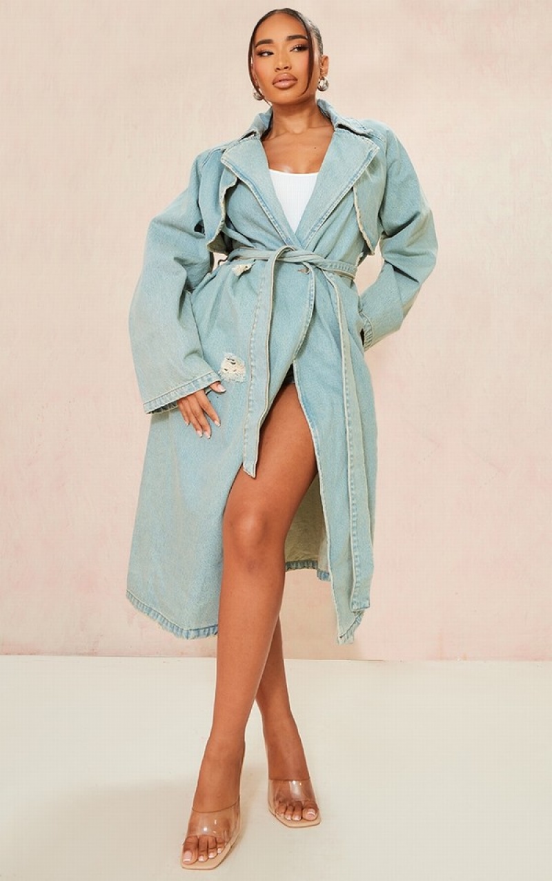 Paltoane Pretty Little Thing Shape Acid Wash Distressed ed Trench Albastri Deschis Albastru Deschis | JSEI90563