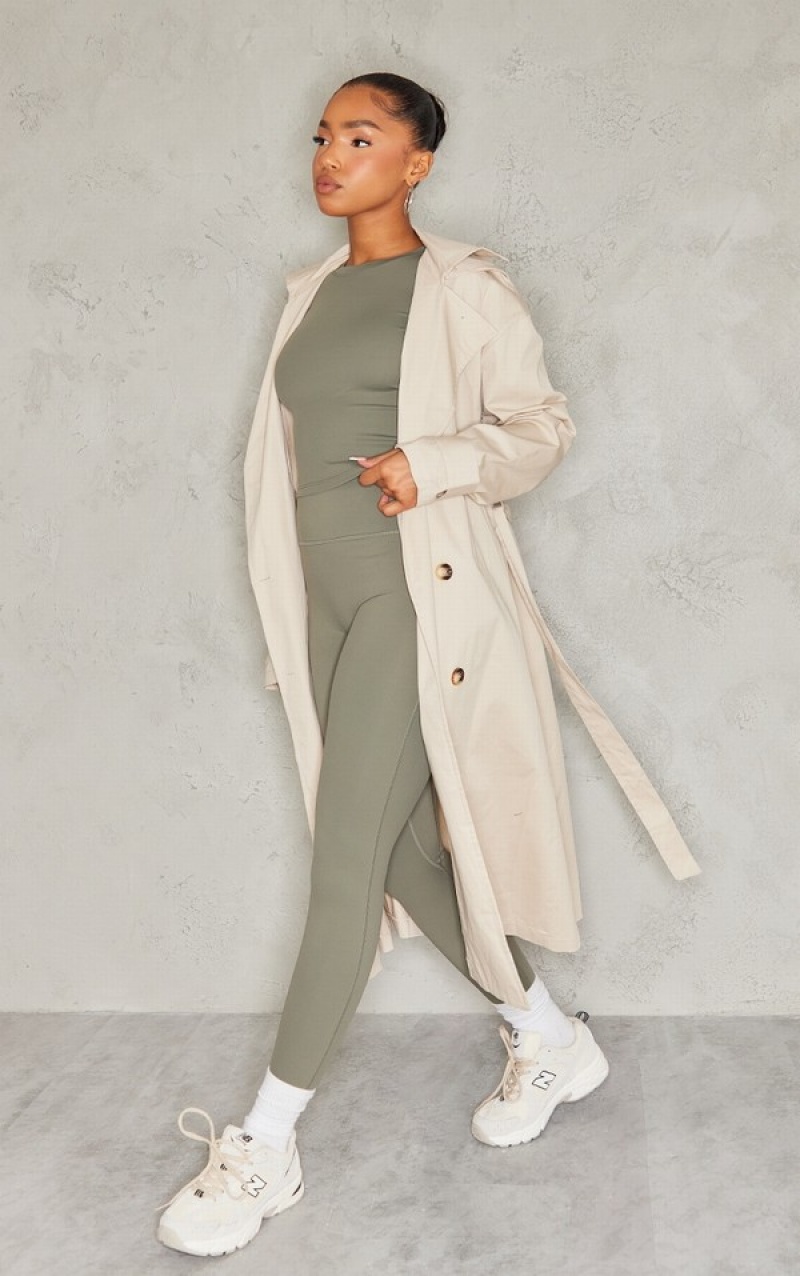 Paltoane Pretty Little Thing Stone Woven Cu Glugă Trench Gri | IMGJ37091