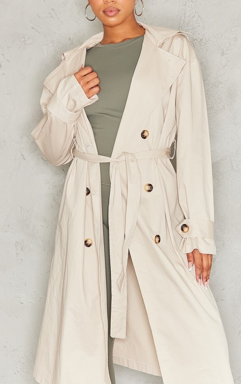 Paltoane Pretty Little Thing Stone Woven Cu Glugă Trench Gri | IMGJ37091
