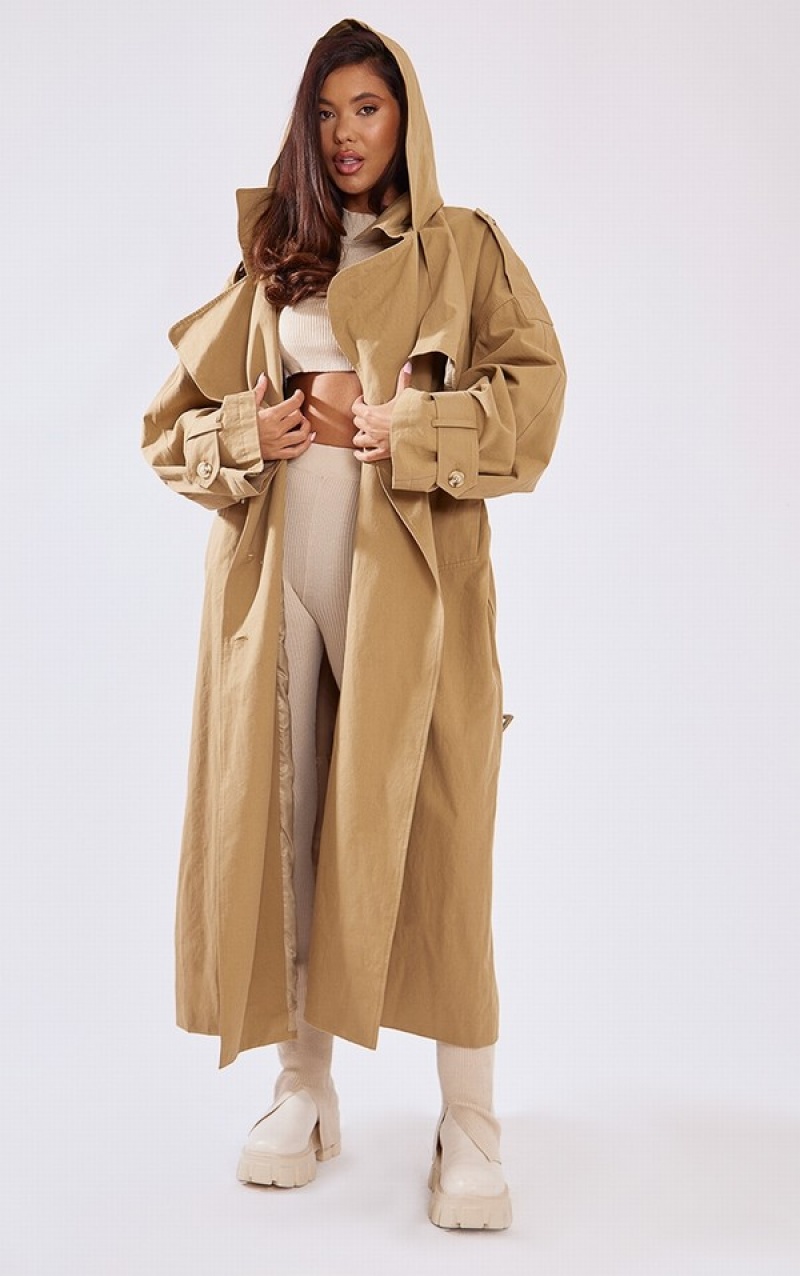 Paltoane Pretty Little Thing Warm Woven Cu Glugă Oversized Trench Bej | QTUV52678