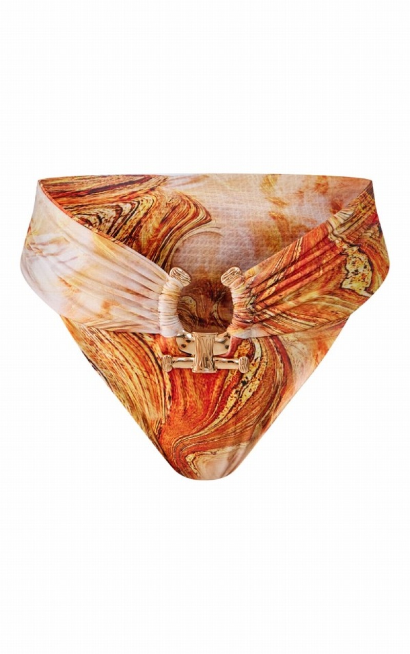 Pantaloni De Bikini Pretty Little Thing Marble Print HammeTrim High Talie Portocalii | EHUY83049
