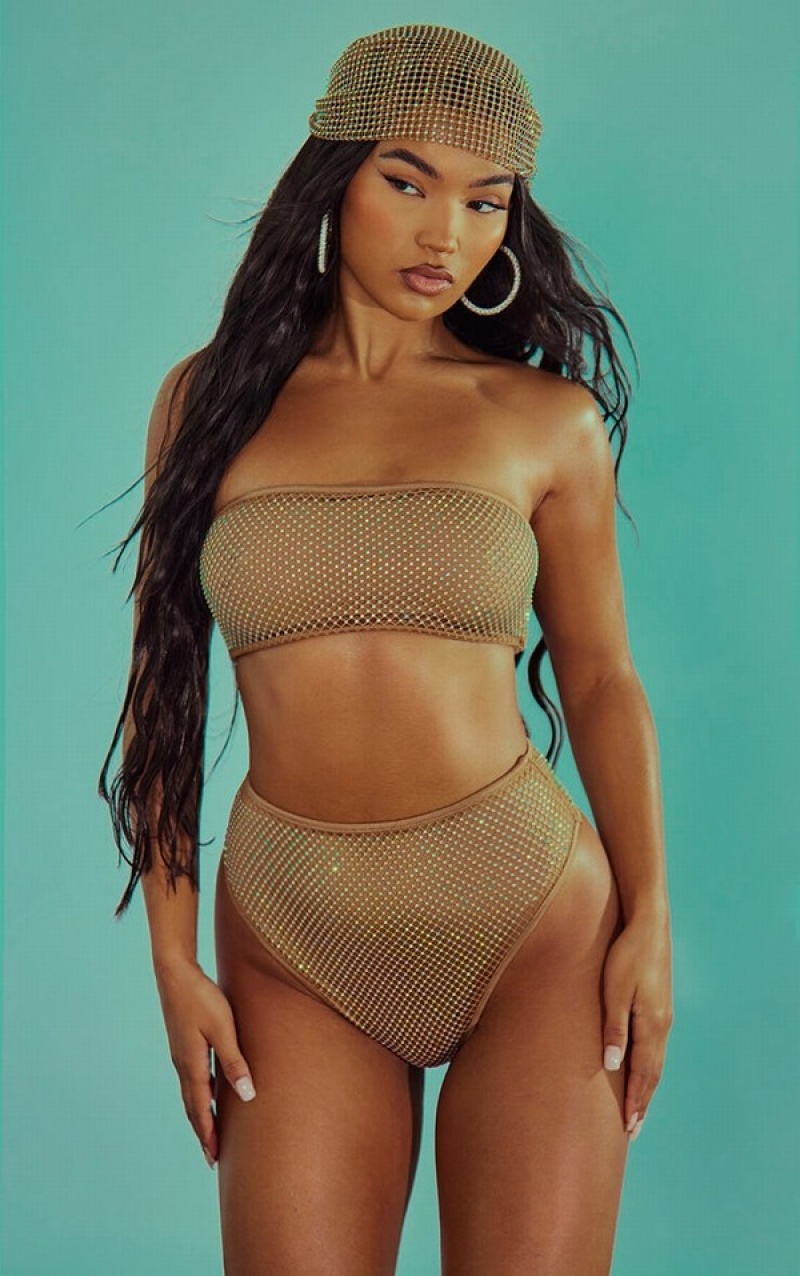 Pantaloni De Bikini Pretty Little Thing Mocha Fishnet Diamante High Talie High Leg Bej | JAOV85467