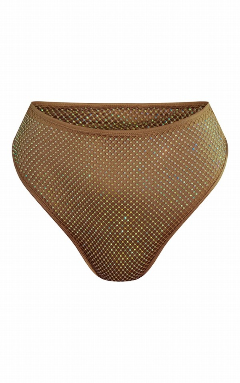 Pantaloni De Bikini Pretty Little Thing Mocha Fishnet Diamante High Talie High Leg Bej | JAOV85467