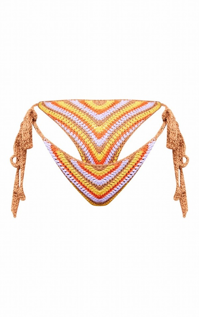 Pantaloni De Bikini Pretty Little Thing Crochet Contrast Stripe Tie Side Maro | CVGJ61598