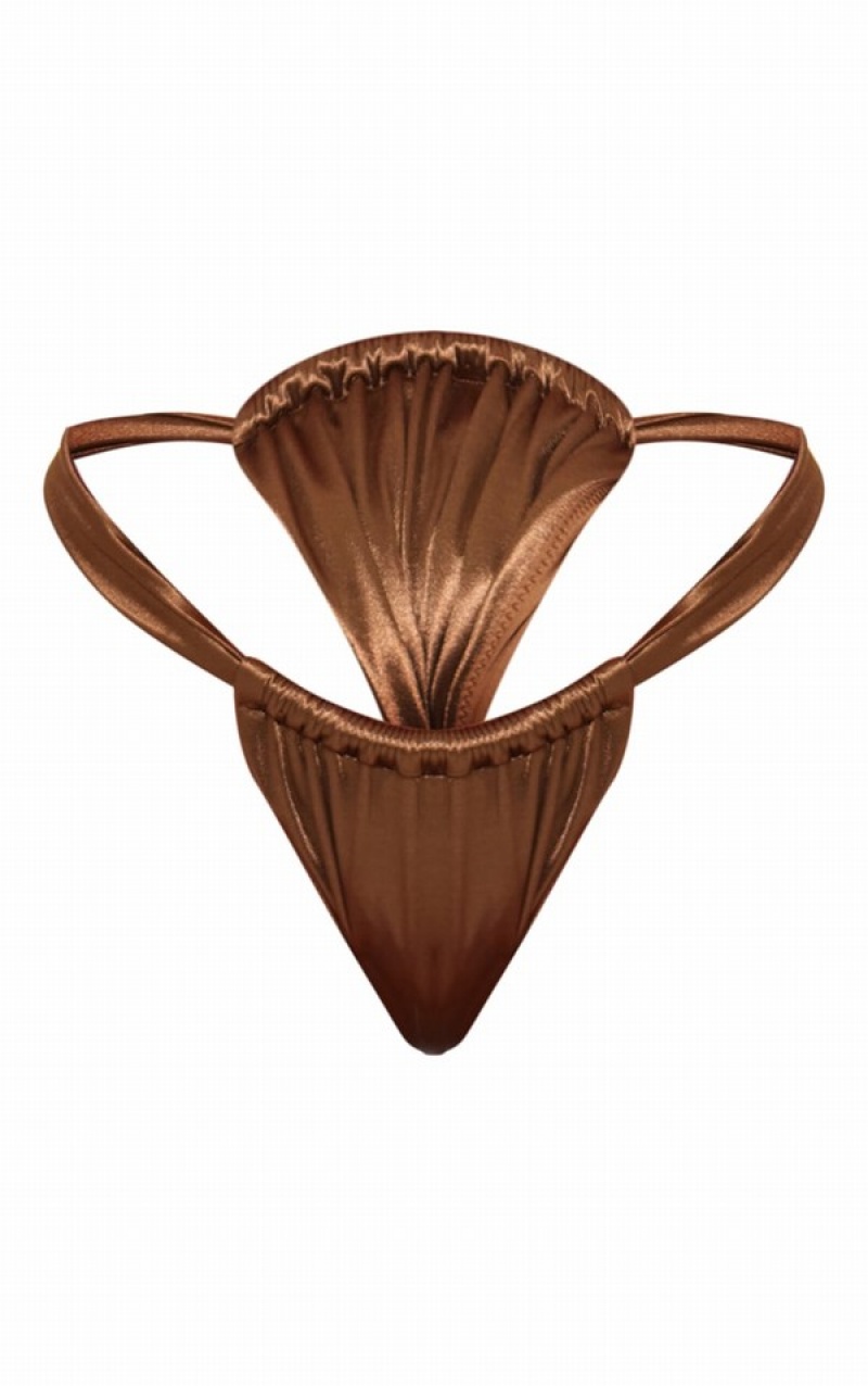 Pantaloni De Bikini Pretty Little Thing Mocha Satin Ruched Tanga Bej | RZOD38760