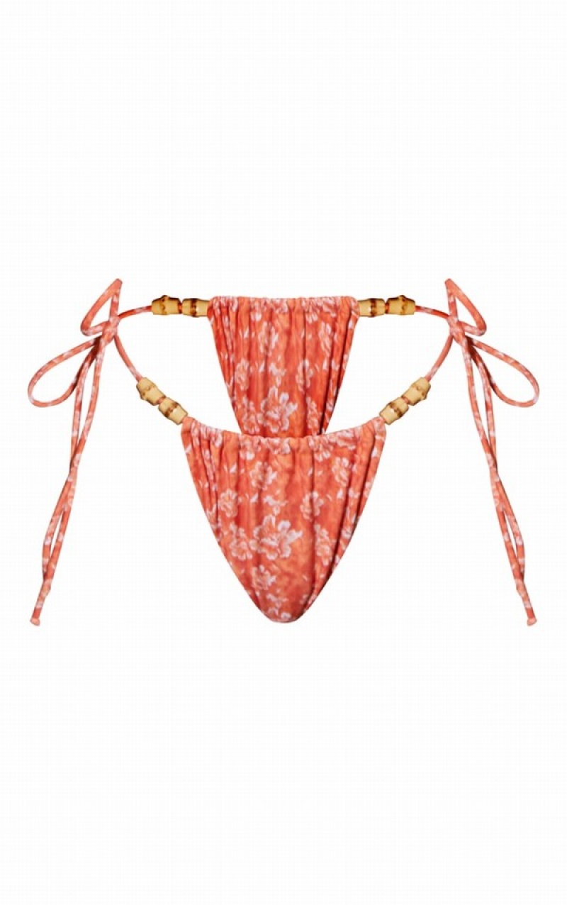 Pantaloni De Bikini Pretty Little Thing Flower Print Wooden Bead Ruched Tie Side Portocalii | WPIT12389