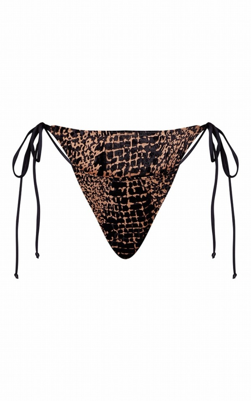 Pantaloni De Bikini Pretty Little Thing Stone Devore String Side Gri | BJME07345