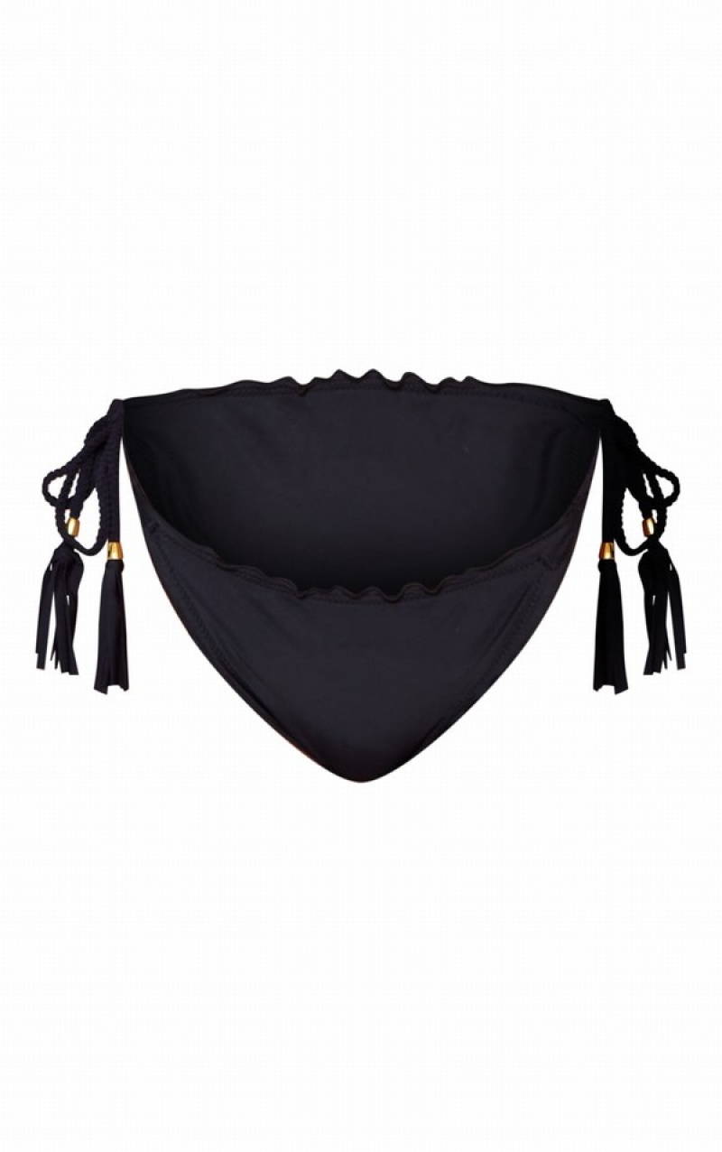 Pantaloni De Bikini Pretty Little Thing Frill Edge Plaited Curea Tie Side Negrii | SFTU12450
