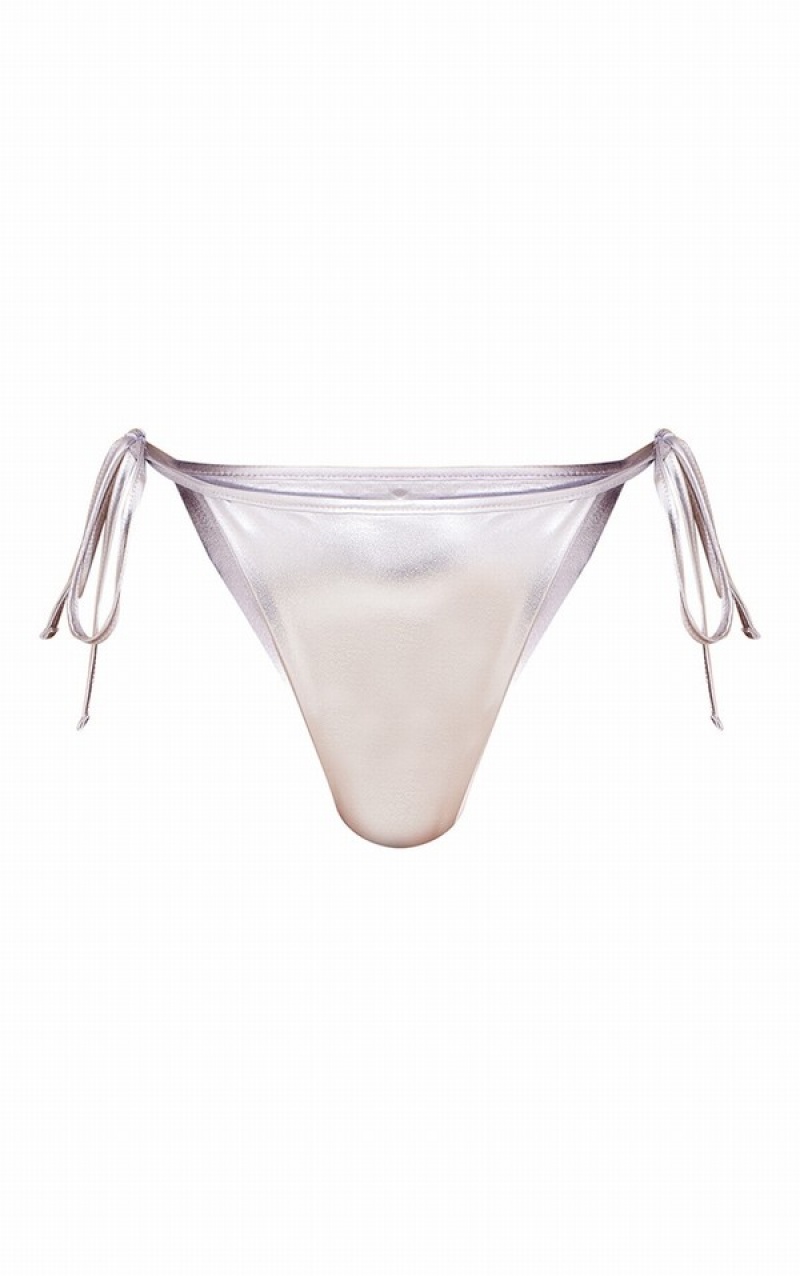 Pantaloni De Bikini Pretty Little Thing Metallic Tie Side Argintii | UVQX32460