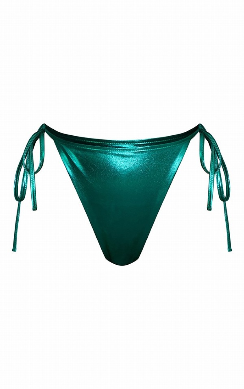 Pantaloni De Bikini Pretty Little Thing Emerald Metallic Tie Side Turcoaz Verzi | WOYL81352