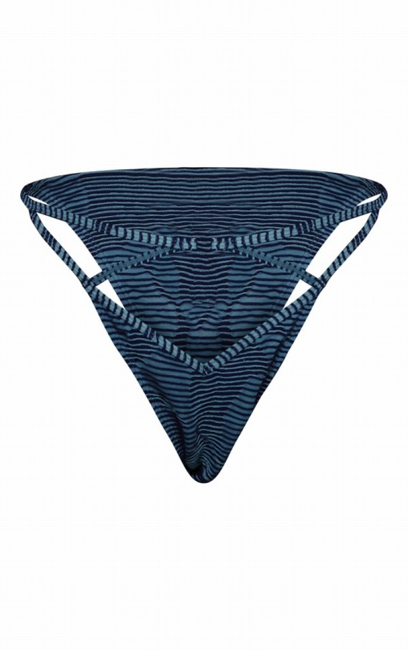 Pantaloni De Bikini Pretty Little Thing Contrast TextuRib O Cu Bretele Albastri | CAIE82379
