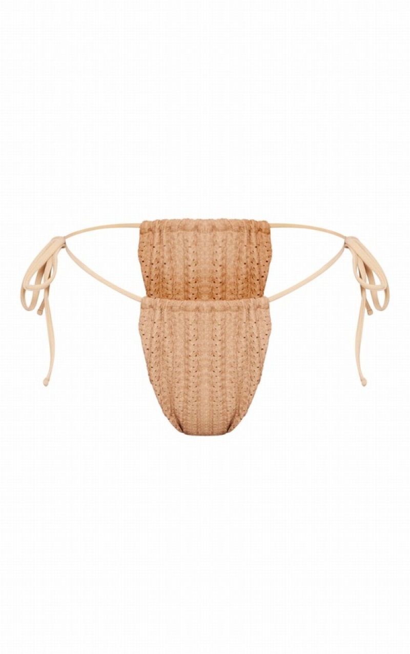 Pantaloni De Bikini Pretty Little Thing Mocha TextuCrochet Tie Side Bej | WEXJ08347