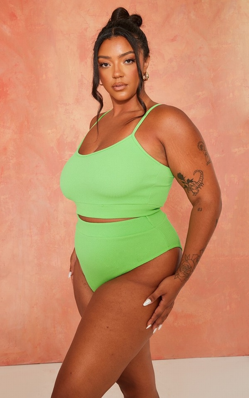Pantaloni De Bikini Pretty Little Thing Plus Bright Crinkle High Waisted Verzi Deschis | NGAI07896