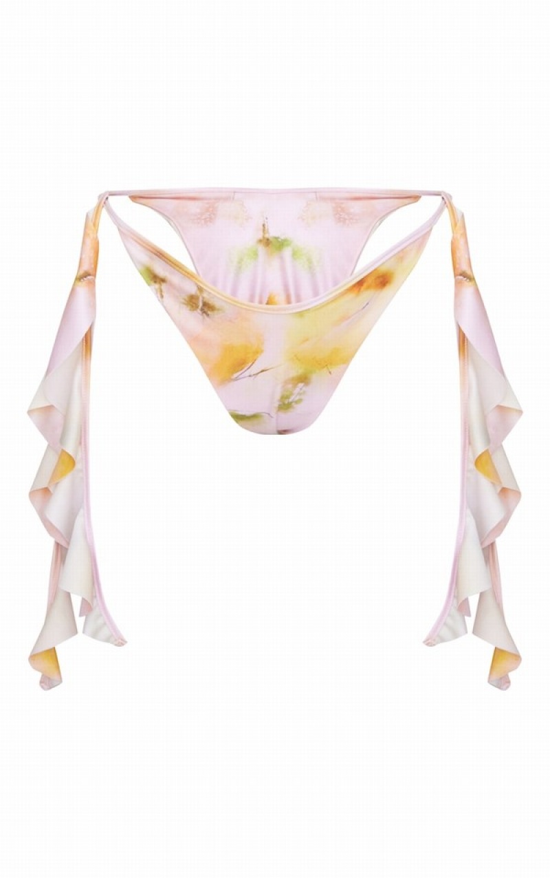 Pantaloni De Bikini Pretty Little Thing BlurFloral Print Ruffle Tie Side Roz | LYSC67501
